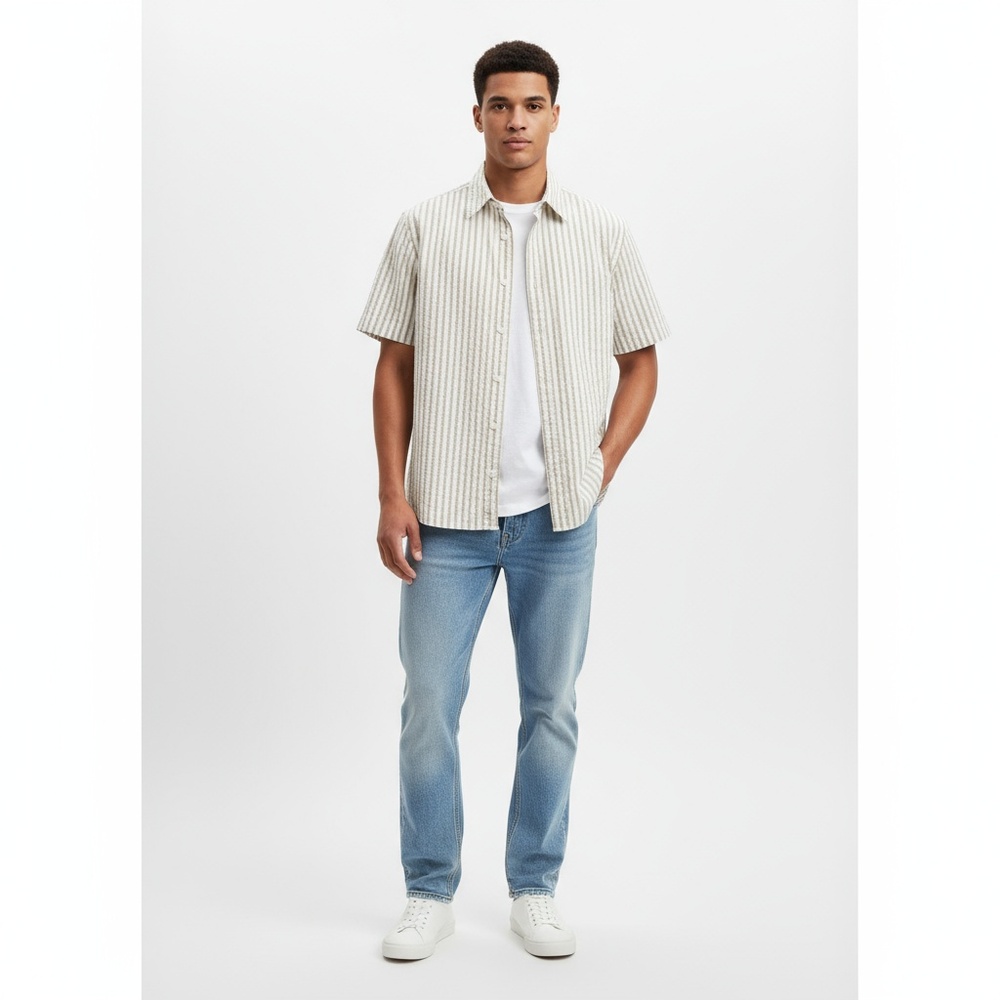 Banana Republic Shirt Medium Khaki White‎ Seersucker Camp Shirt Coastal Preppy